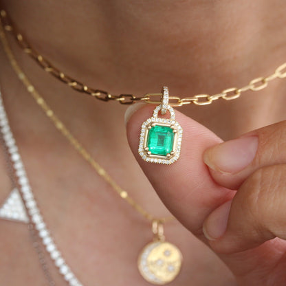 Emerald Cut Halo Birth Gemstone Diamond Necklace