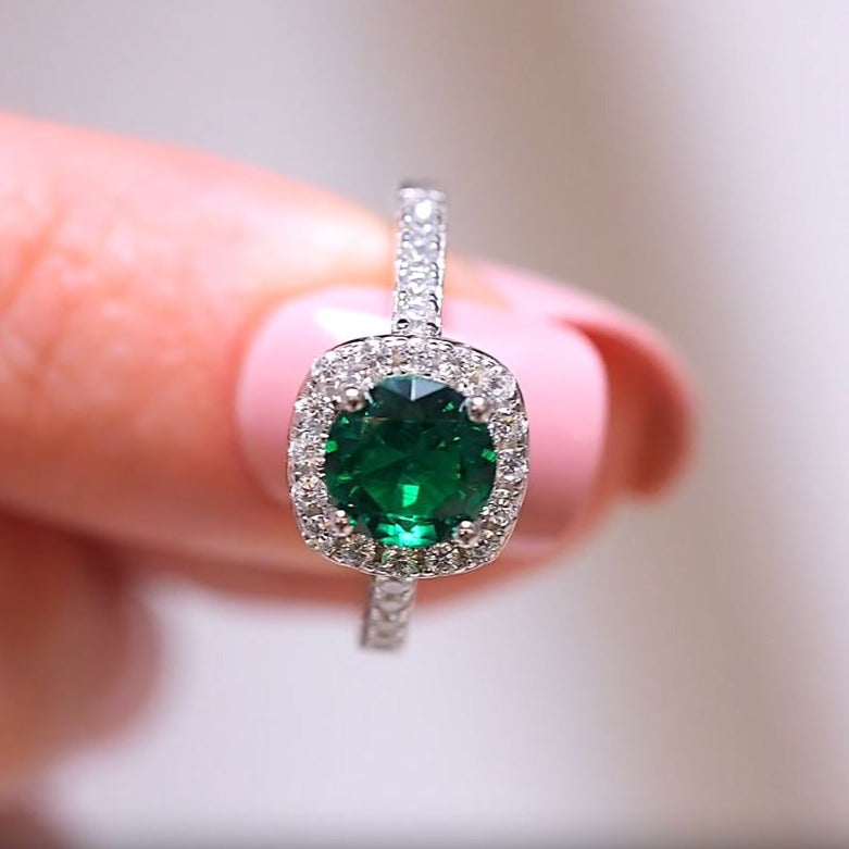 Round Cut May Birthstone Emerald Engagement Ring