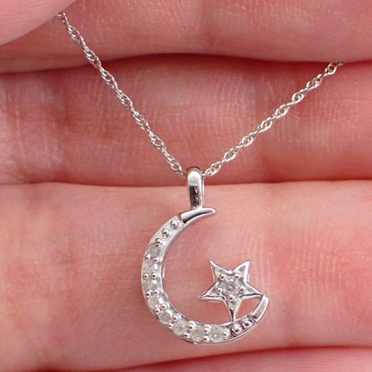 10K White Round Cut Crescent Moon Necklace