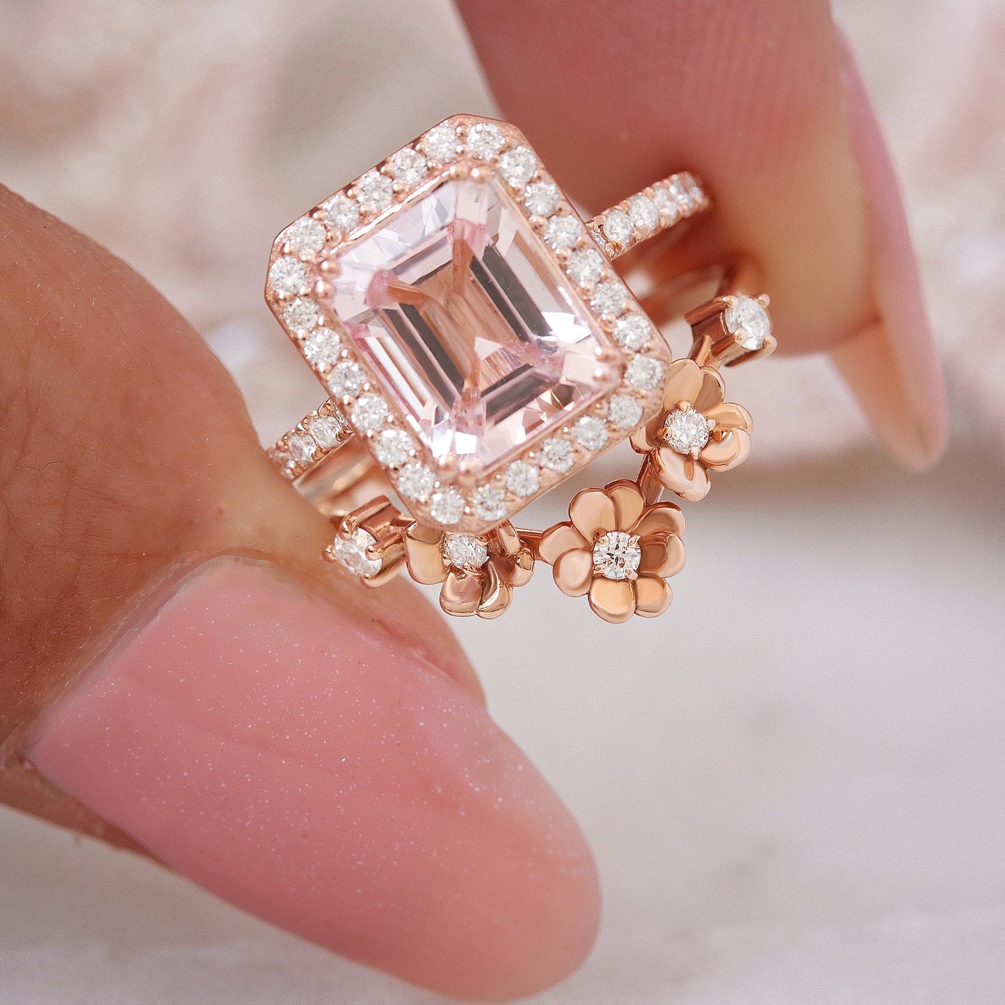 2.17 CT Pink Emerald Cut Art Deco Diamond Ring