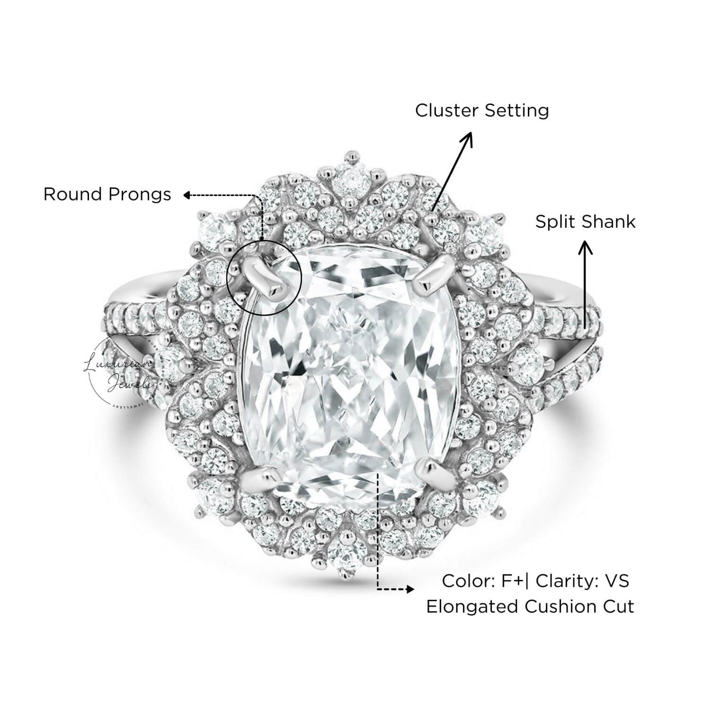 1.50 To 2.00 CT Elongated Cushion Cut Cluster Vintage Diamond Ring