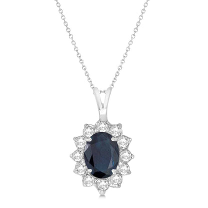 Oval Blue Sapphire Diamond Halo Necklace