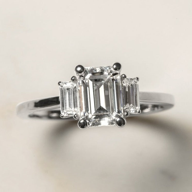 Three Stone Emerald Cut Engagement Ring