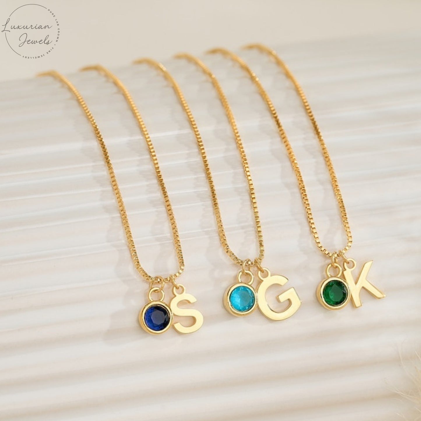 18K Gold Initial Birthstone With Box Chain Necklace