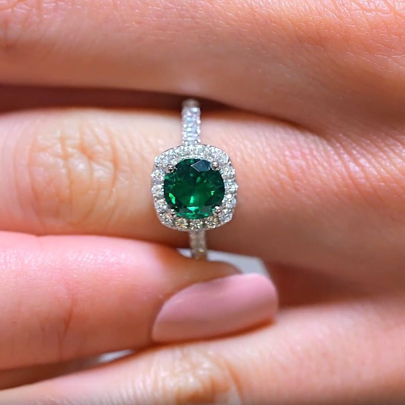 Round Cut May Birthstone Emerald Engagement Ring