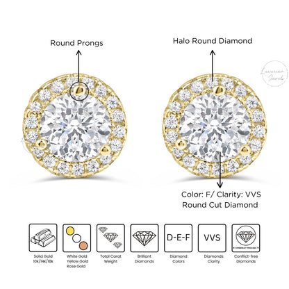 1.36 CT Round Cut Stud Halo Diamond Earrings