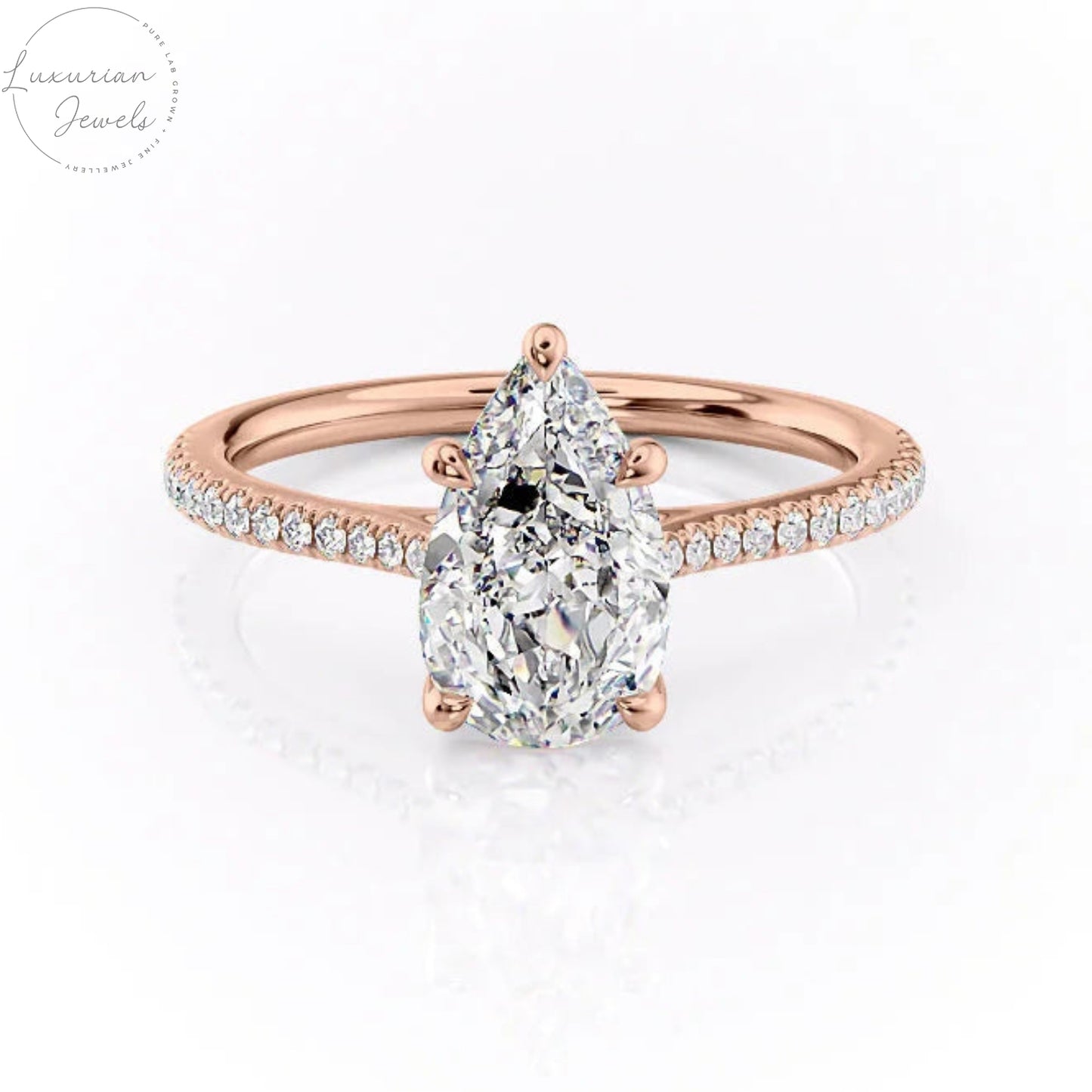 14K Solid Gold Pear Cut Solitaire Accent Ring