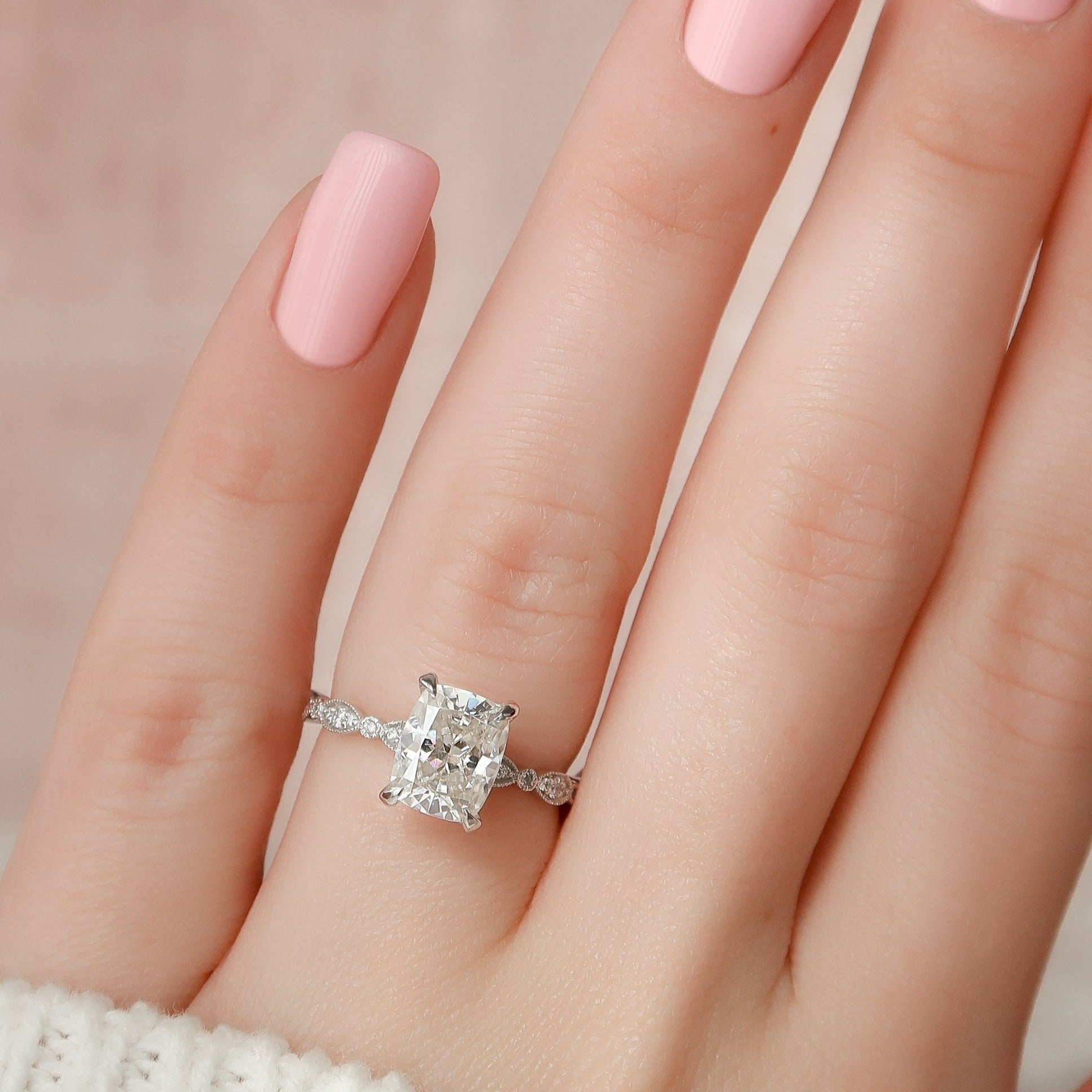 Elongated Cushion Cut Solitaire Accent Diamond Ring