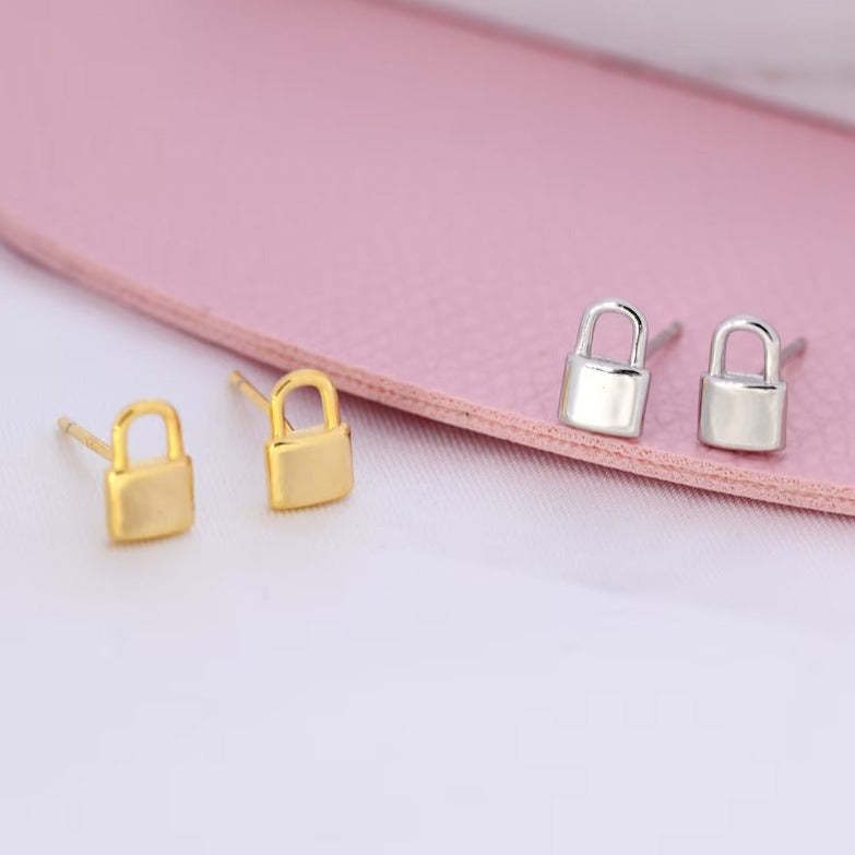 Engraved Small Padlock Stud Earrings by Luxurian Jewels