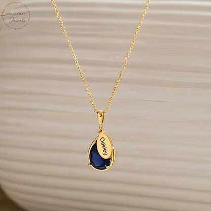 Pear Shape Birthstone With Engraved Name Necklace