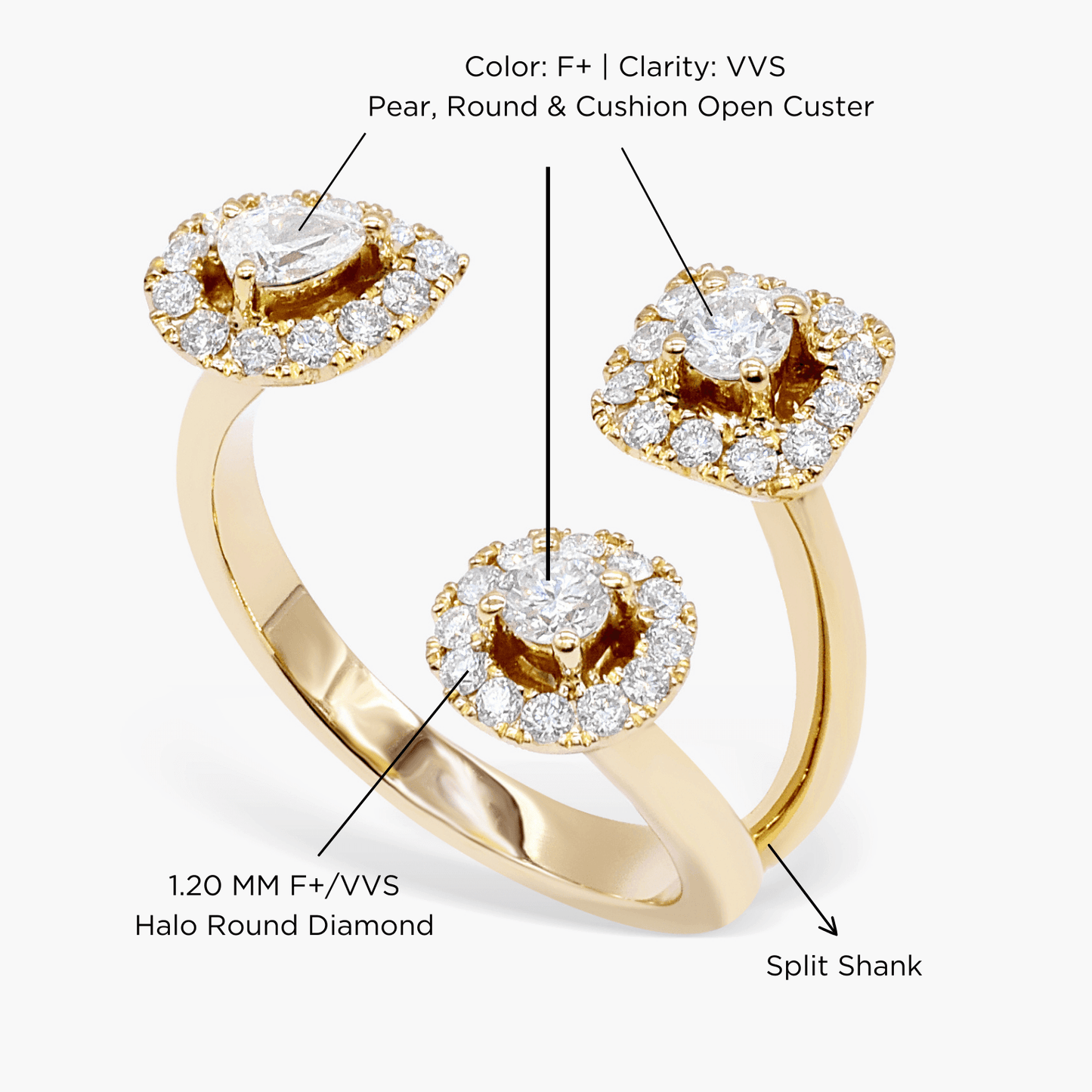 Open Cuff Multi Diamond Solid Gold Ring