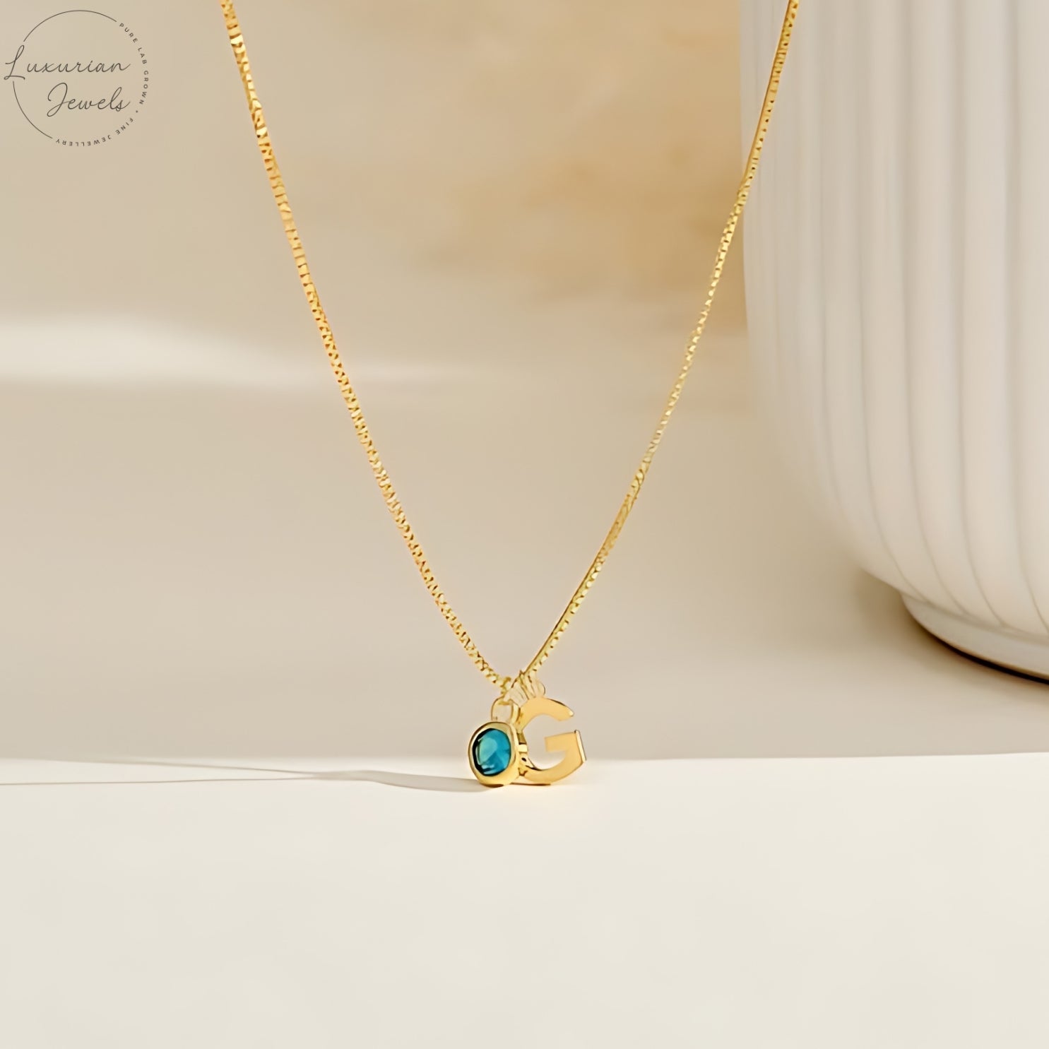 18K Gold Initial Birthstone With Box Chain Necklace