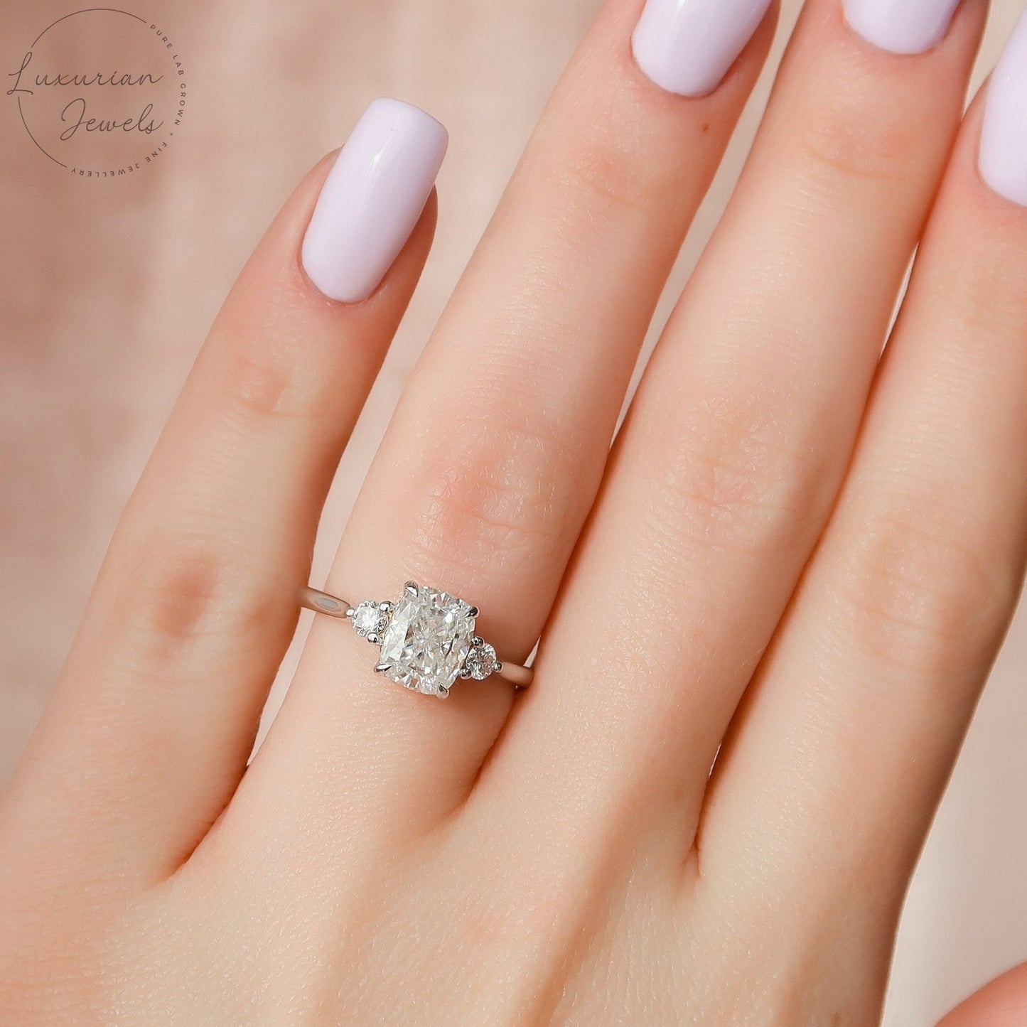 Unique Elongated Cushion Cut Three Stone Ring