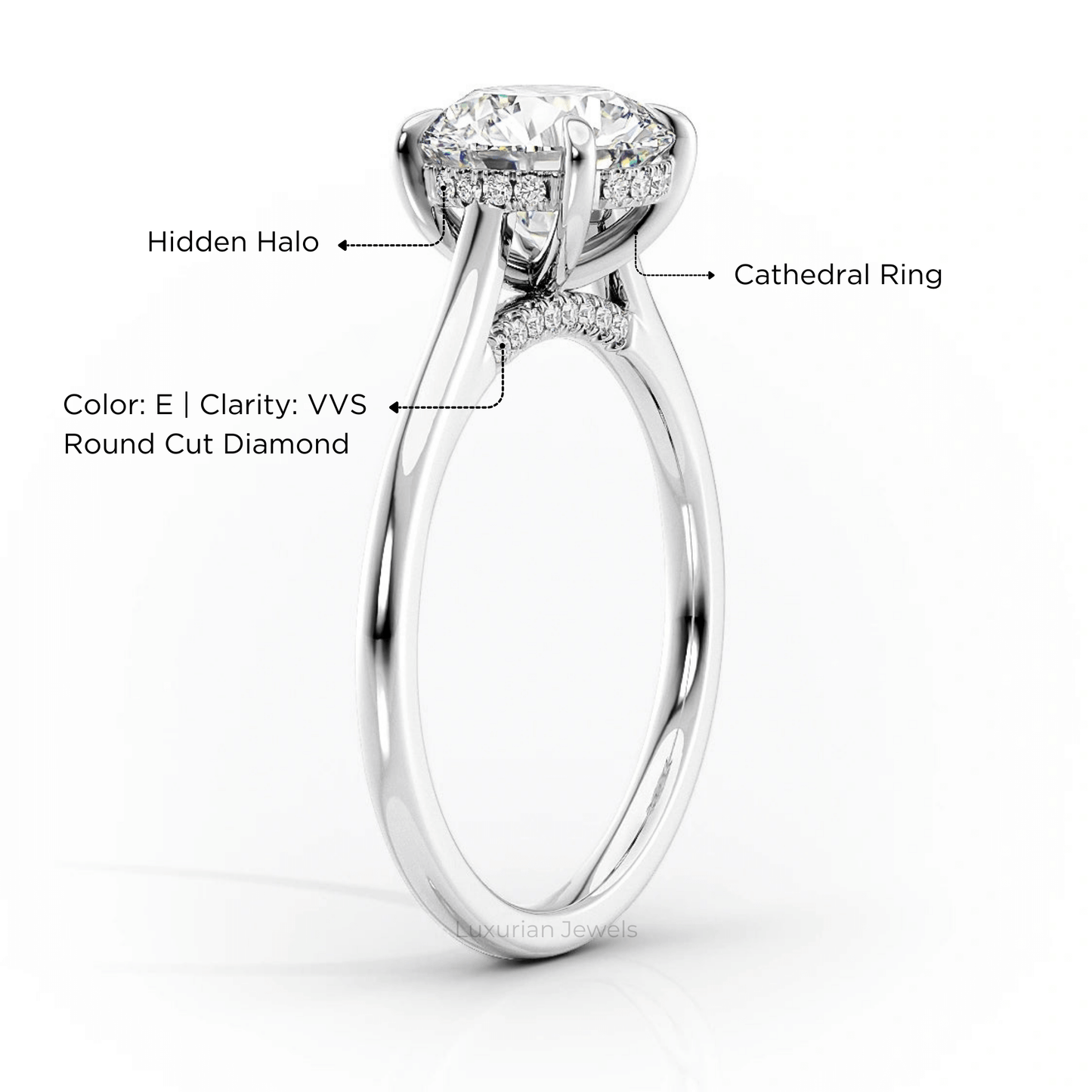 Round Cut Lab Grown Engagement Ring With Hidden Halo