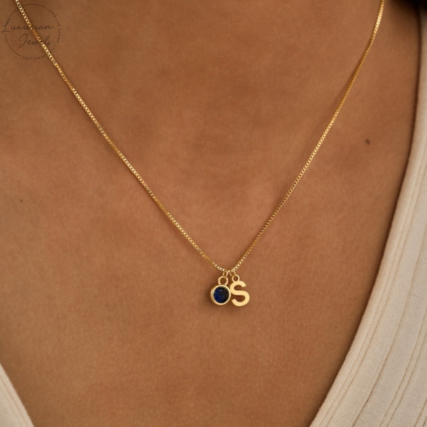 18K Gold Initial Birthstone With Box Chain Necklace
