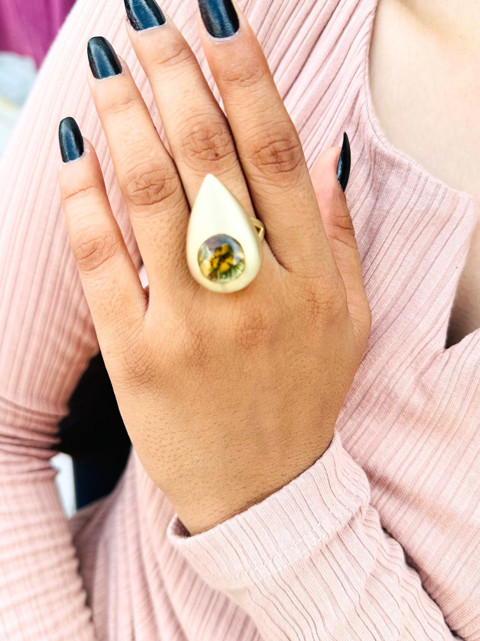 Beautiful Pressed Yellow Flower Adjustable Ring