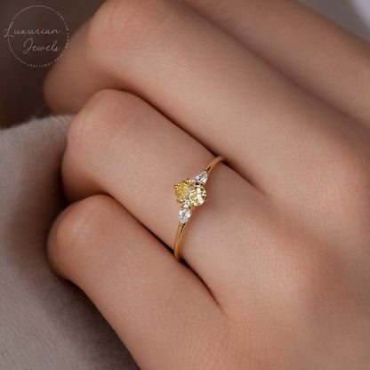 Fancy Yellow Oval Engagement Ring Three Stone Labgrown Diamond Ring