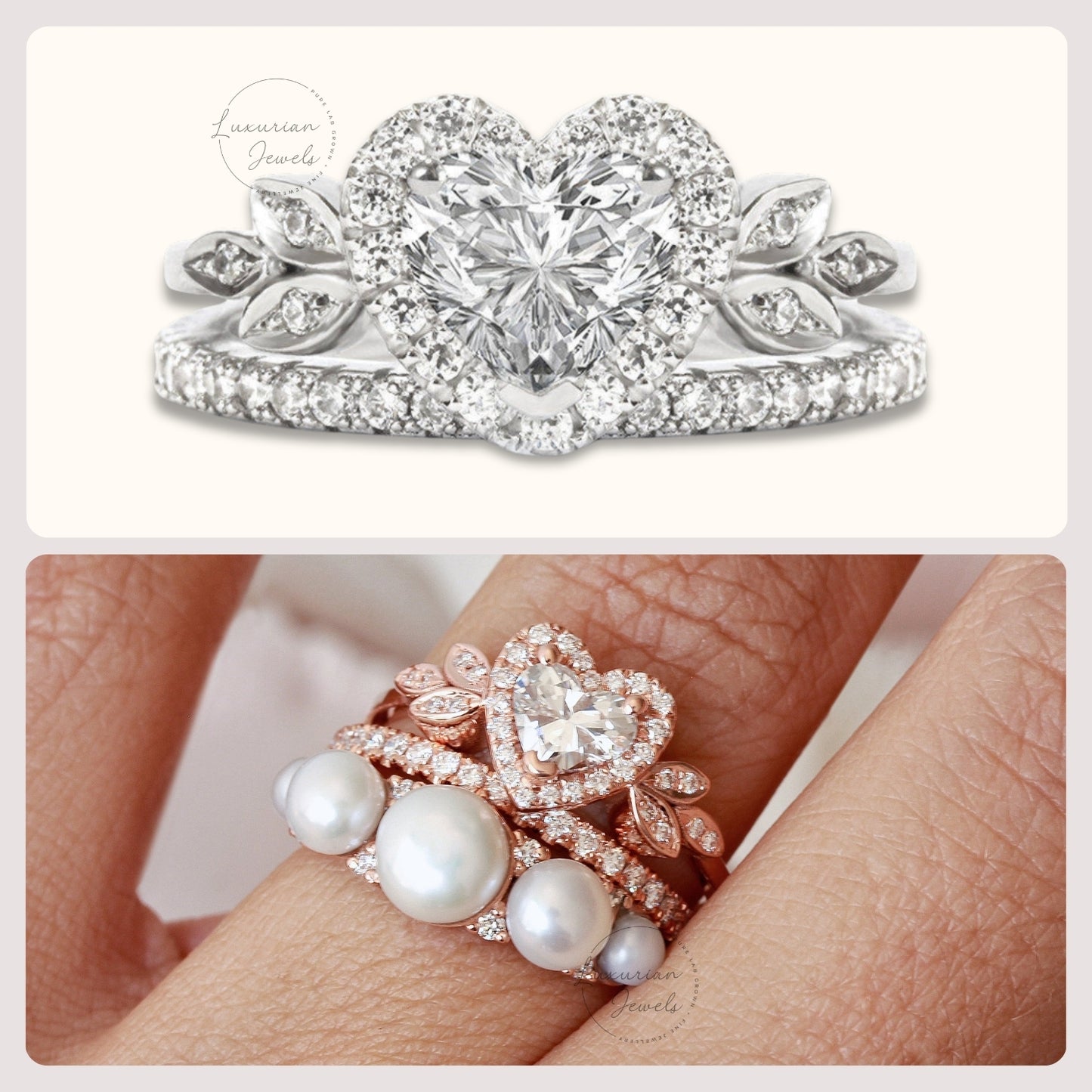 18K Heart Shape Leaf Style Bridal Ring Set