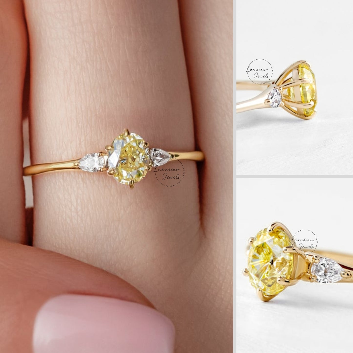 Fancy Yellow Oval Engagement Ring Three Stone Labgrown Diamond Ring