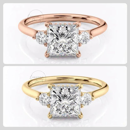 Princess Cut Hidden Halo Three Stone Ring