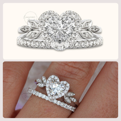 18K Heart Shape Leaf Style Bridal Ring Set