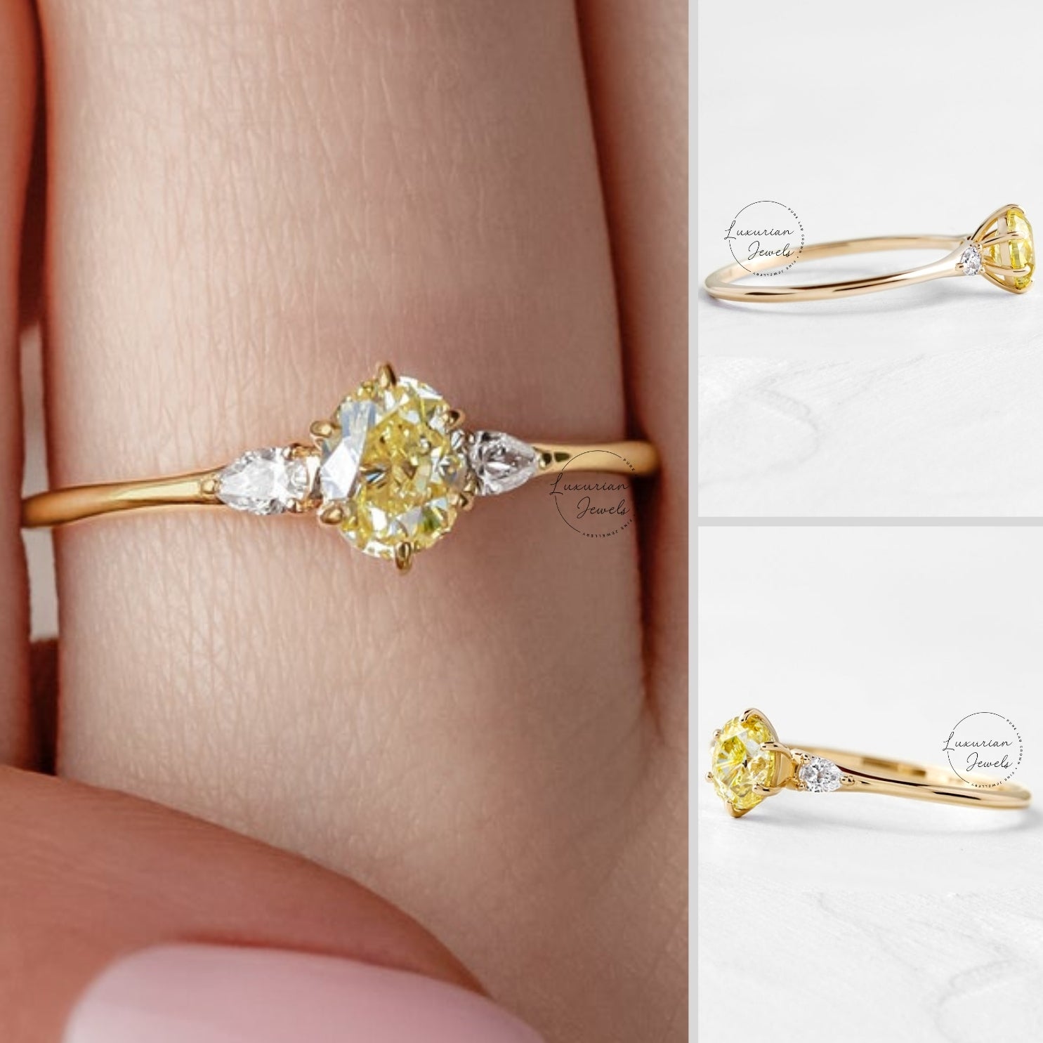 Fancy Yellow Oval Engagement Ring Three Stone Labgrown Diamond Ring