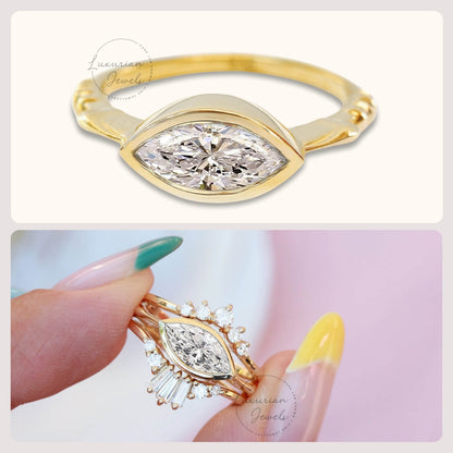 14K Pinched Bezel Set Marquise Cut Diamond Engagement Ring