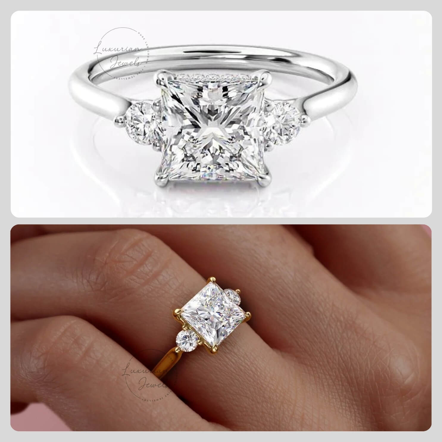 Princess Cut Hidden Halo Three Stone Ring