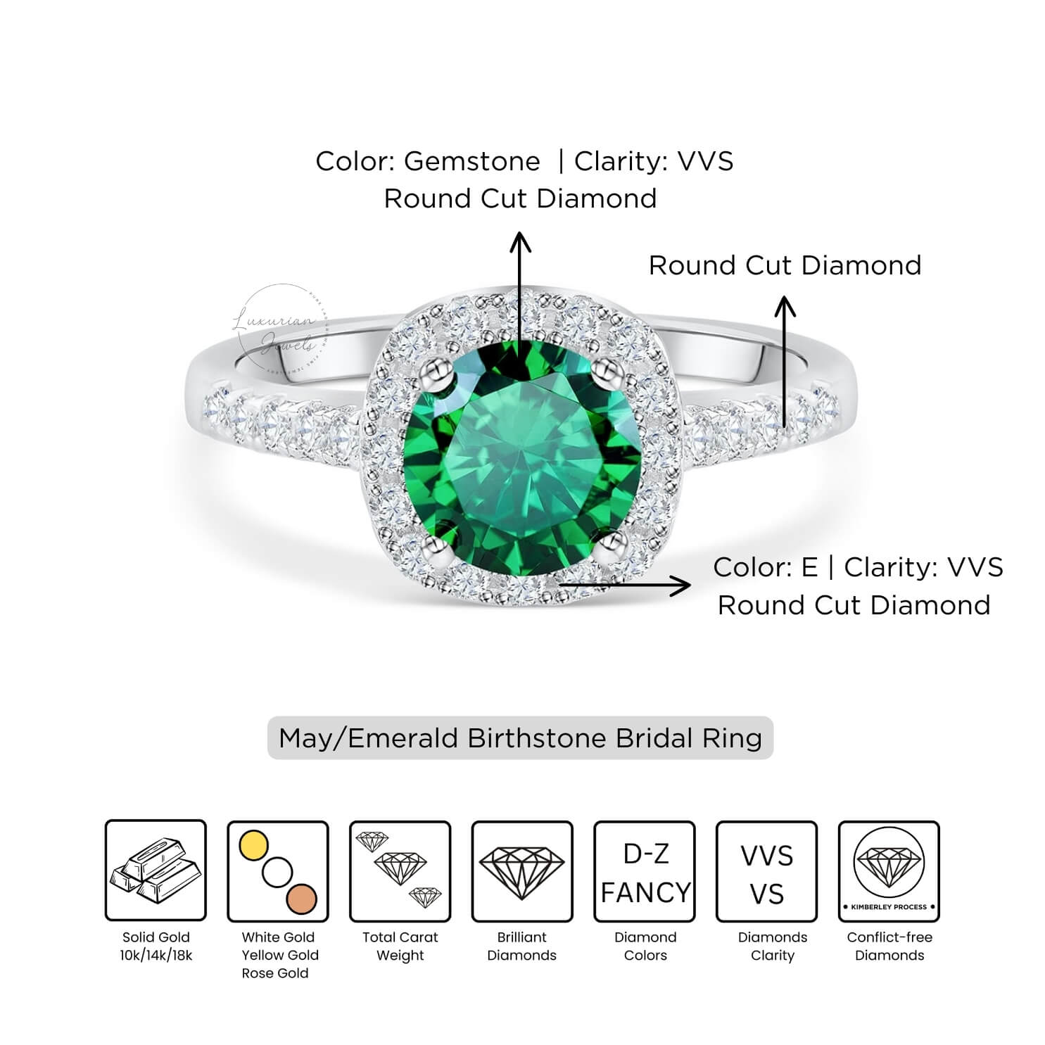 Round Cut May Birthstone Emerald Engagement Ring