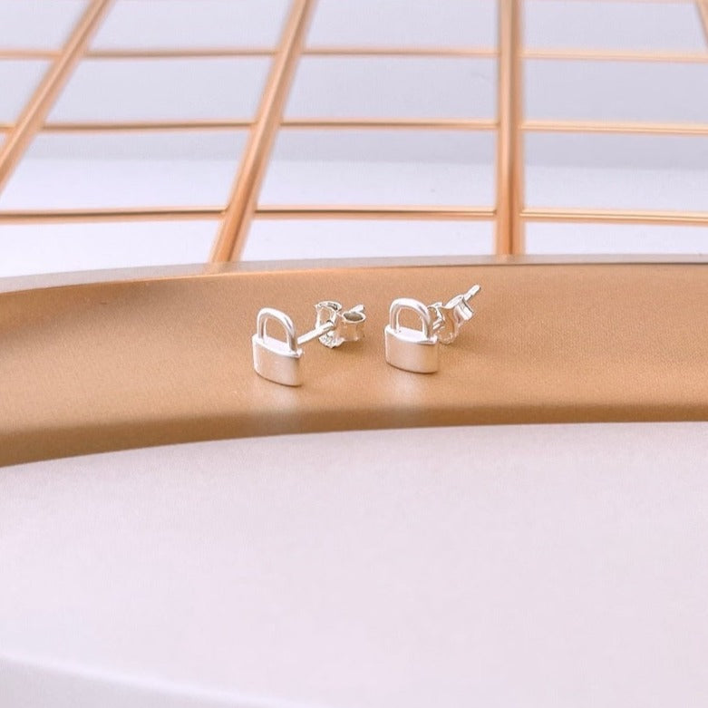 Engraved Small Padlock Stud Earrings by Luxurian Jewels