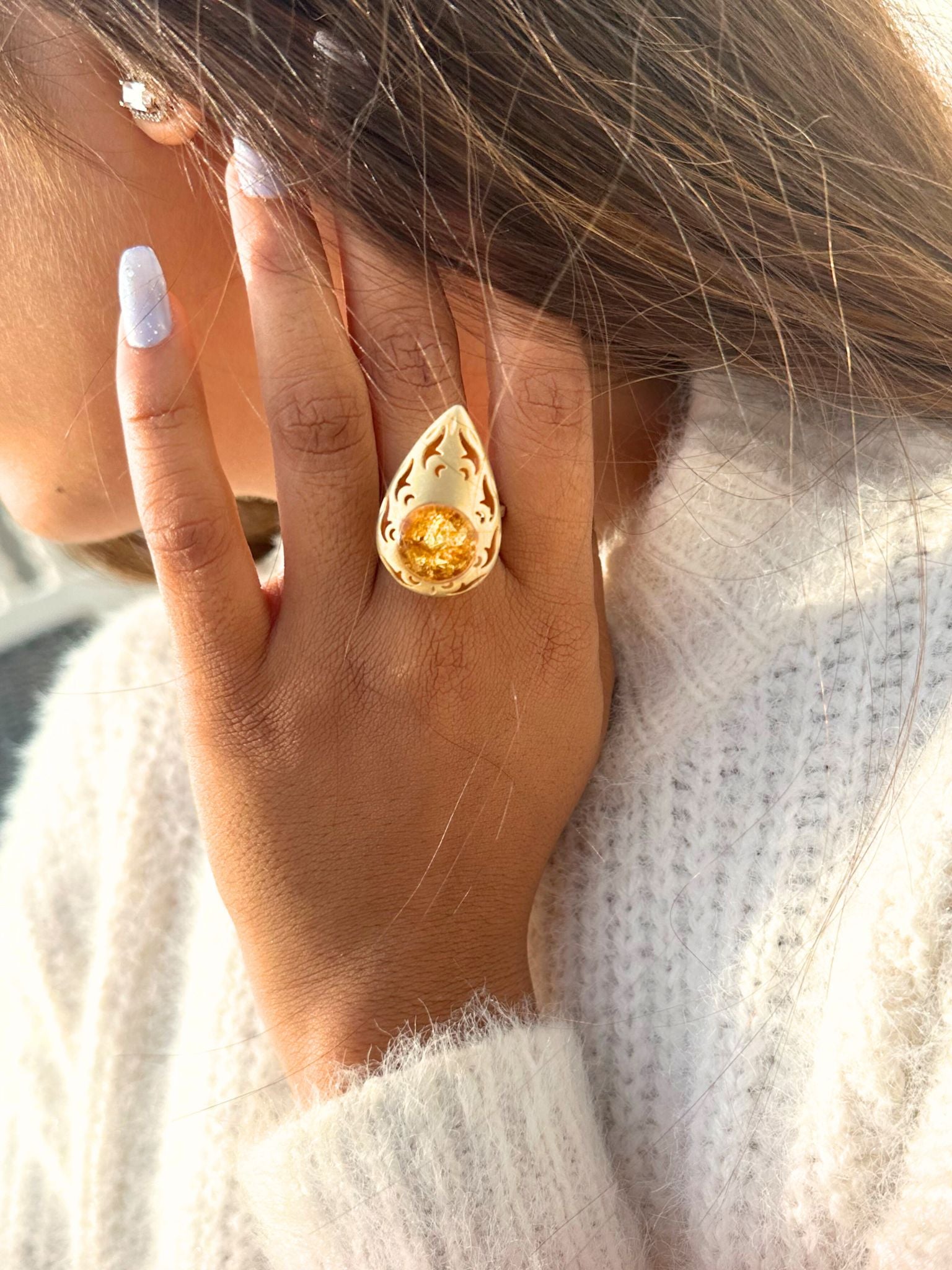 Large Pear Shape Antique Gold Plated Ring