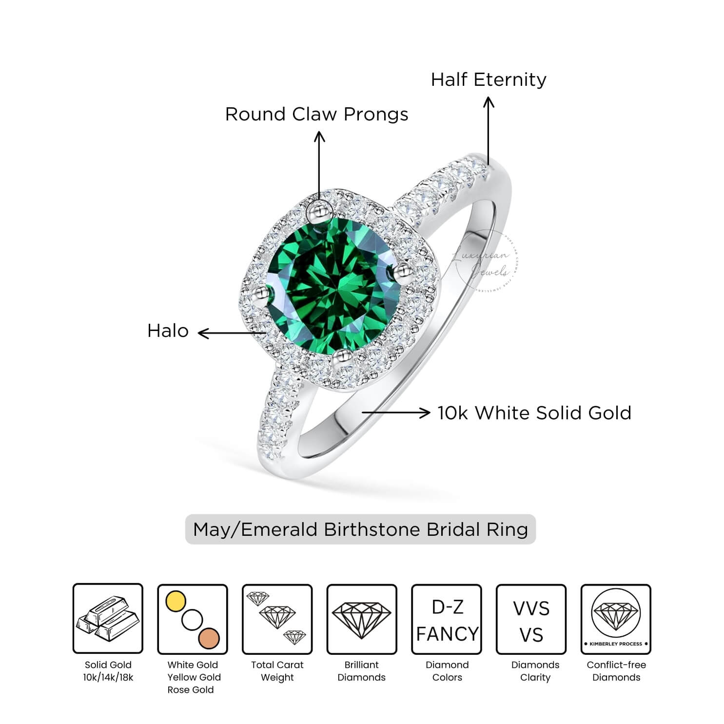 Round Cut May Birthstone Emerald Engagement Ring