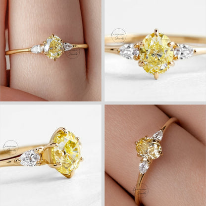 Fancy Yellow Oval Engagement Ring Three Stone Labgrown Diamond Ring