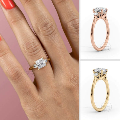 Princess Cut Hidden Halo Three Stone Ring