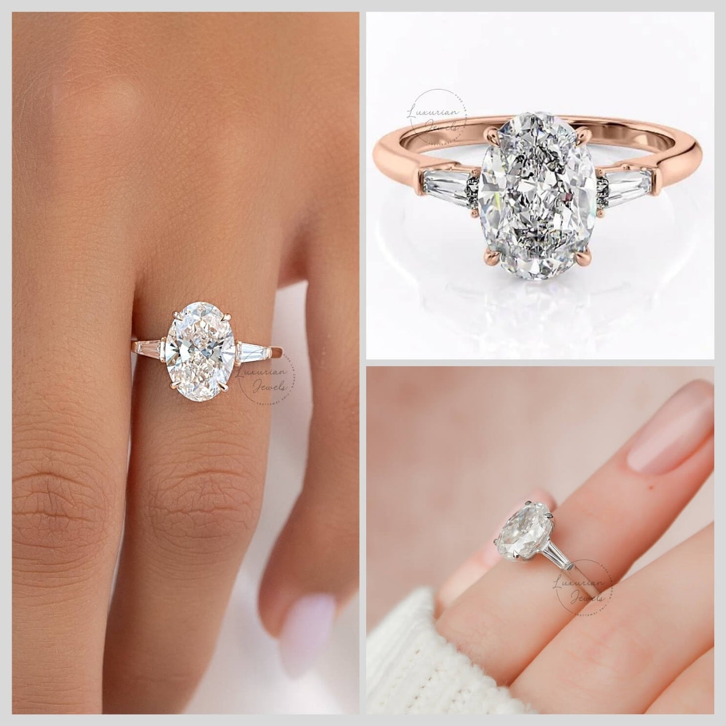 Baguette Cut Side Diamond Ring, Trilogy Ring