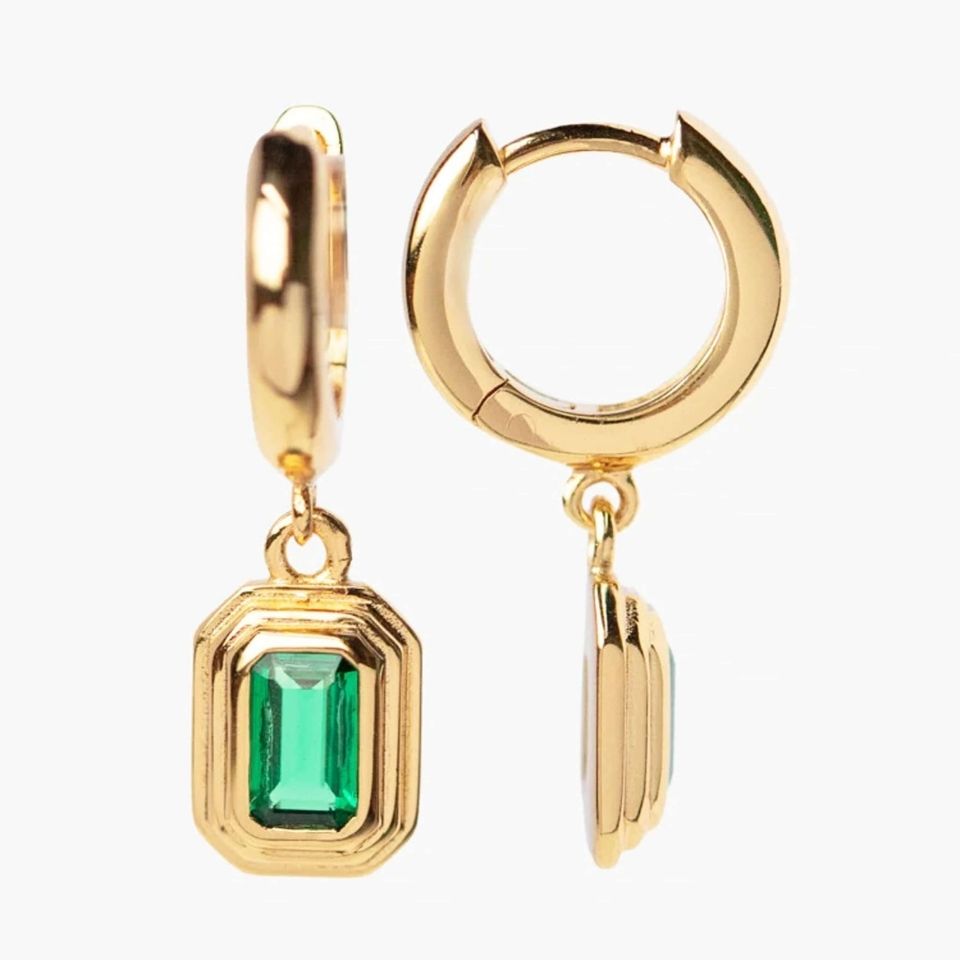 Bezel Set Green Emerald Hoop Earrings