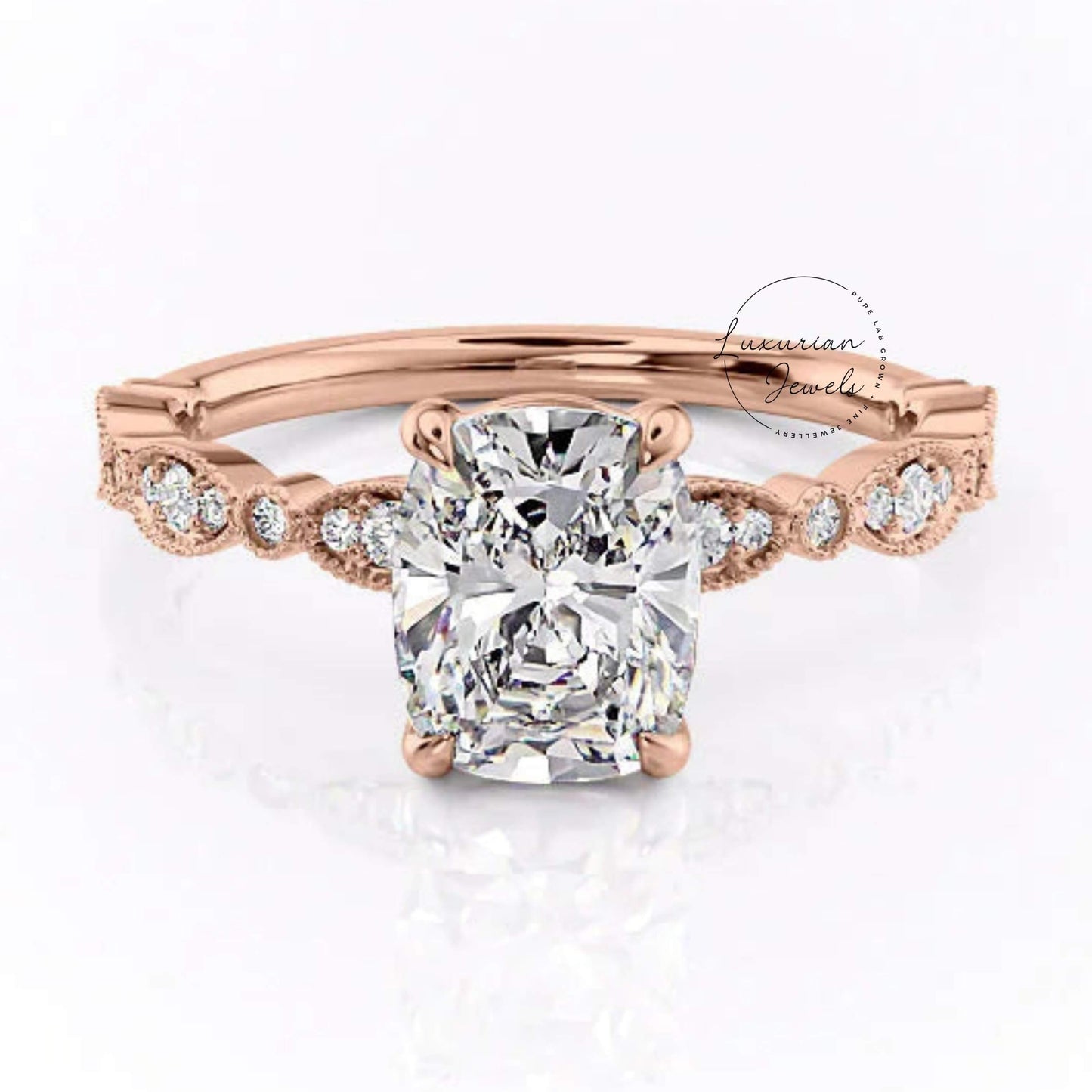 Elongated Cushion Cut Solitaire Accent Diamond Ring