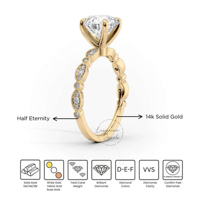 Elongated Cushion Solitaire Accent Engagement Ring