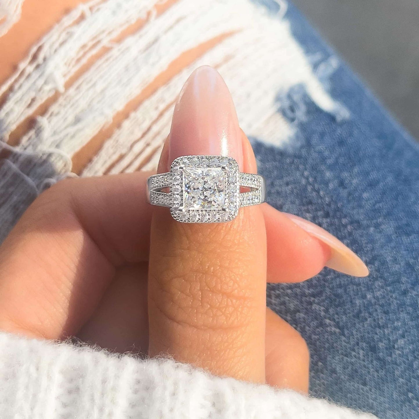 Gold Princess Cut Halo Wedding Ring