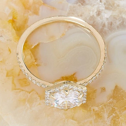 Hexagon Shape Round Cut Diamond Halo Ring