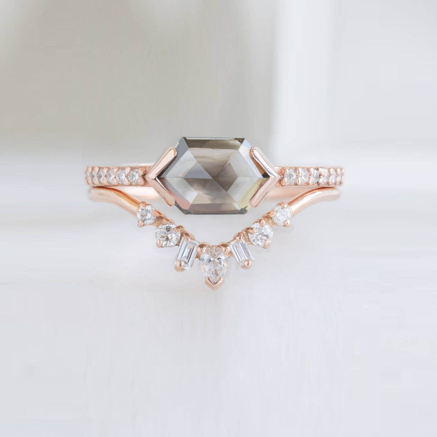 Hexagon salt and pepper diamond engagement ring