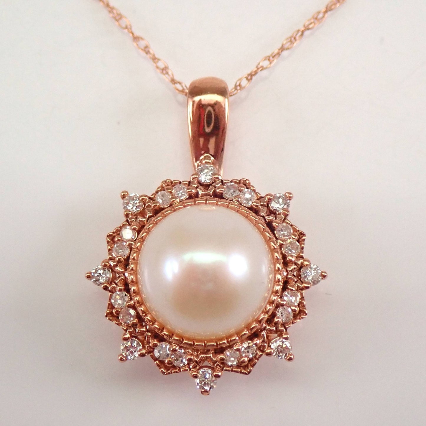 June Birthstone Pearl With Round Diamonds Necklace