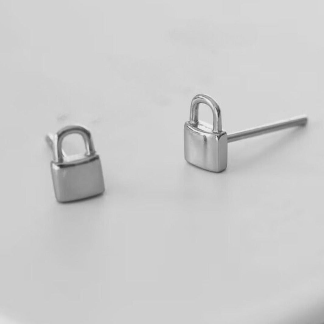 Engraved Small Padlock Stud Earrings by Luxurian Jewels