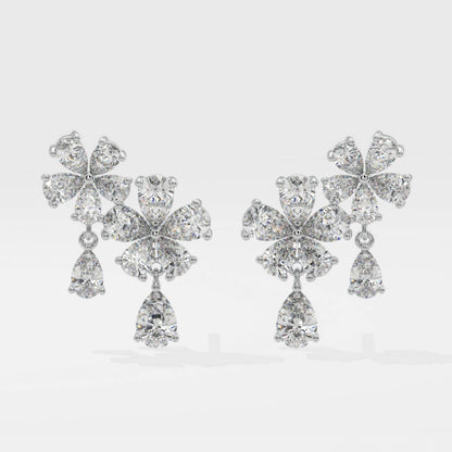 Pear Cut Diamond Flower Petals Drop Earrings