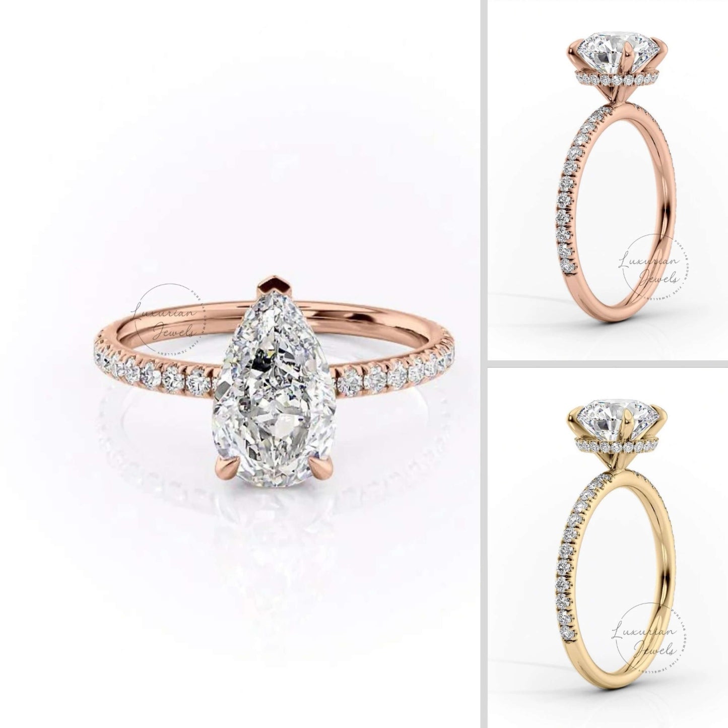 Pear Cut Moissanite Hidden Halo Solitaire Ring