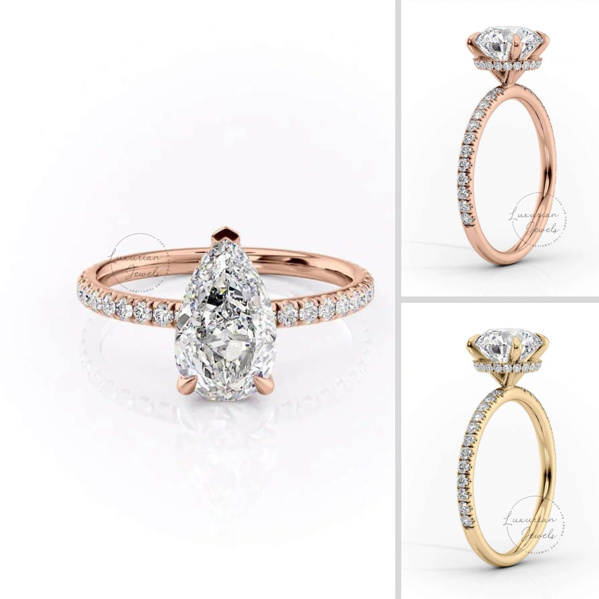 Pear Cut Moissanite Hidden Halo Solitaire Ring