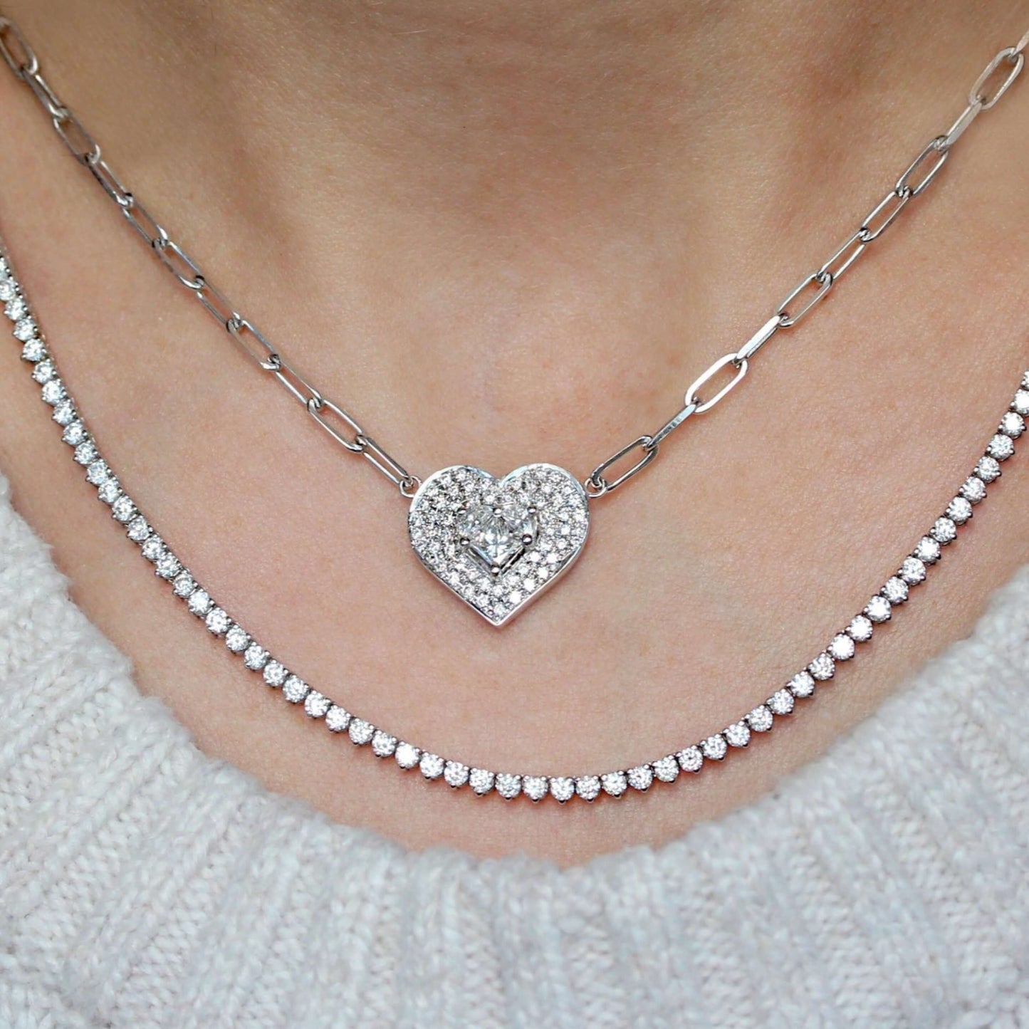 Princess Cut Double Halo Heart Diamond Necklace