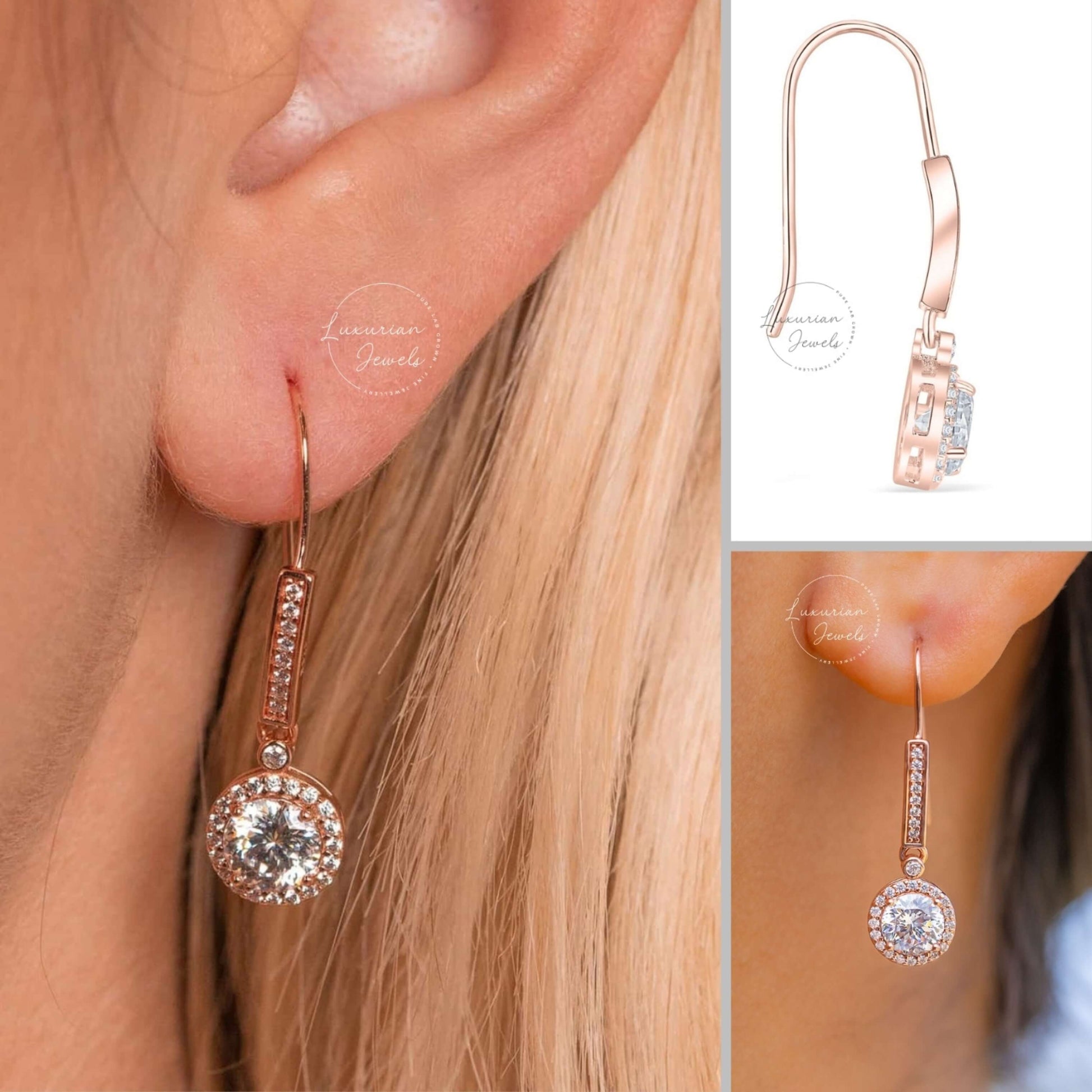 Round Cut Halo Solitaire Drop Dangle Earrings