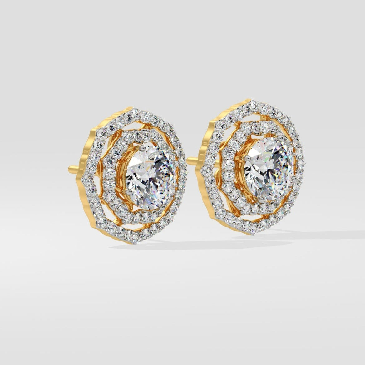 Round Diamond Double Halo Stud Earrings