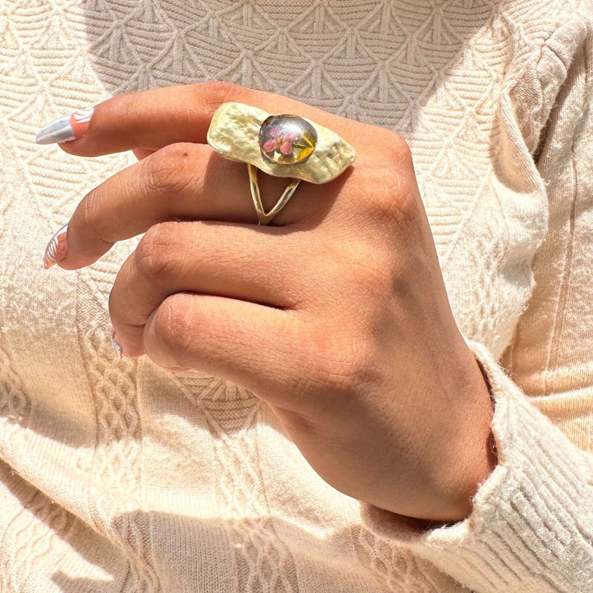 Thin Resin Ring With Pressed Pink Petals